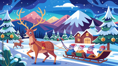 Vector illustration of Santa Claus in sleigh pulled by reindeer at night