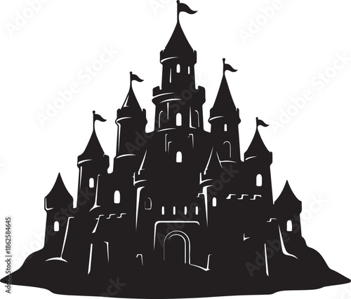 medieval castle silhouette with towers and flags