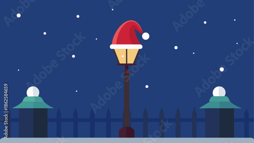 Vector Christmas street lamp illustration with Santa hat