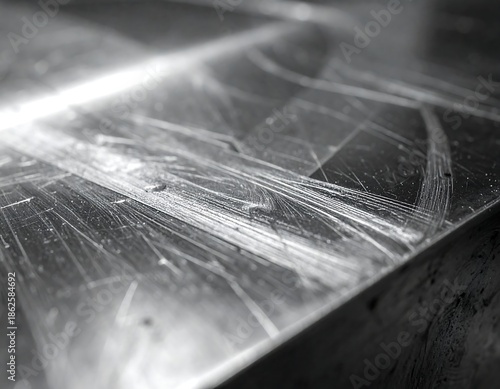 Close-up of a scratched metal surface with light reflections