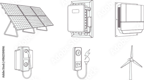 Innovative visual representation of renewable energy sources, showcasing the future of power. Depicting a clean energy system in monochrome.