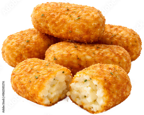  breaded potato croquettes, golden fried exterior