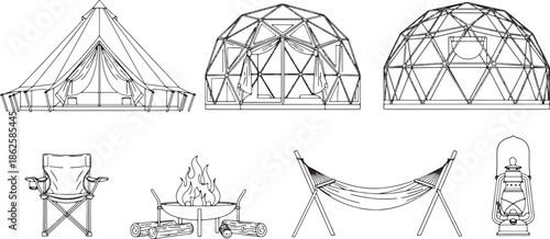 Camping essentials, a diverse array of essential camping items, meticulously illustrated, including tents, domes, chairs, campfire, hammock, and lanterns.