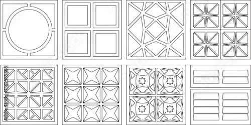 Geometric Designs: An Array of Architectural Grids and Patterns in monochrome, offering a study in symmetry, texture and visual rhythm, appealing to designers and architects.