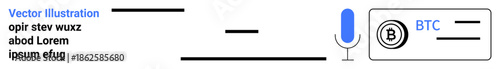 Cryptocurrency, finance, digital communication, blockchain, payment processing, technology. Image features a bitcoin symbol, microphone and text elements. Cryptocurrency and finance concept