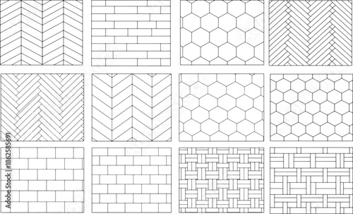 Variety of geometric tile patterns for interior design or graphic design uses, offering a visually captivating and versatile texture option.