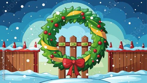 Christmas wreath on fence in falling snow