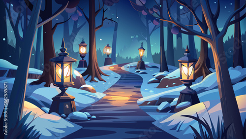 Snowy path illuminated by lantern lights