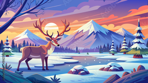 Deer standing in snowy winter landscape