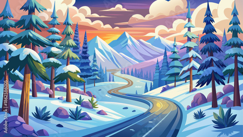 Winter landscape with road and mountains