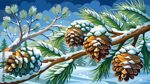 Pinecones on snowy branches in wintertime