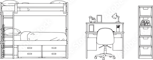 A modern designed children's bedroom suite with bunk beds, desk, shelving unit.