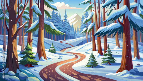 Winter forest scene with snow covered path