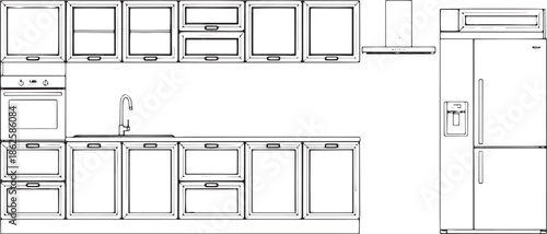 A modern, detailed, clean kitchen interior design, showcasing the elegance of contemporary aesthetics. Featuring a full array of essential kitchen appliance.