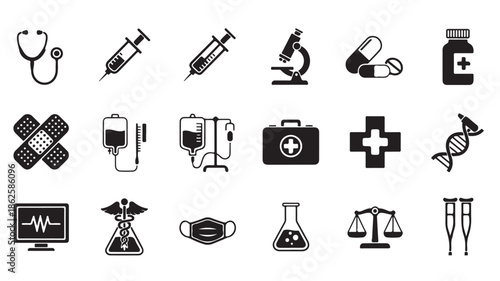 Medical Icons Set Including Stethoscope, Syringe, Microscope and First Aid Kit