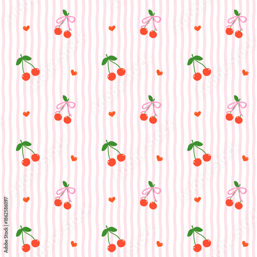 Seamless pattern retro 90s cute red cherries and red hearts on groovy wavy stripes preppy hand drawn