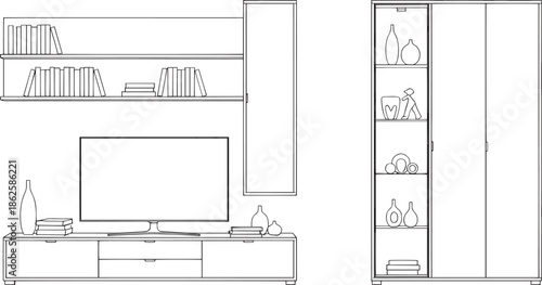 Modern Interior Design Sketch. A contemporary living space comes to life through this sketch, featuring a sleek entertainment unit, open shelving, and a stylish cabinet.