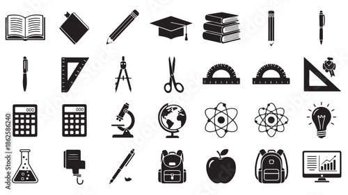 Education Icons Set with School Supplies and Symbols