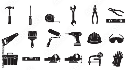 Black Silhouette Tools Icons Set on White Background