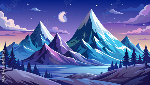 Illustration of mountains with moon at night