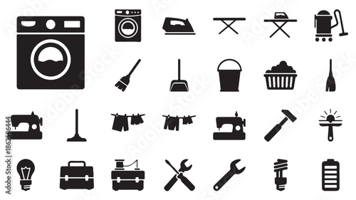 Black Household Repair Tools and Appliances Icons
