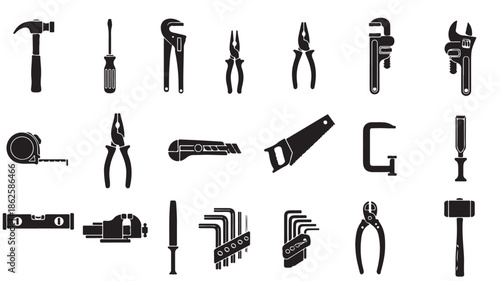 Black Silhouette of Various Hand Tools on White Background