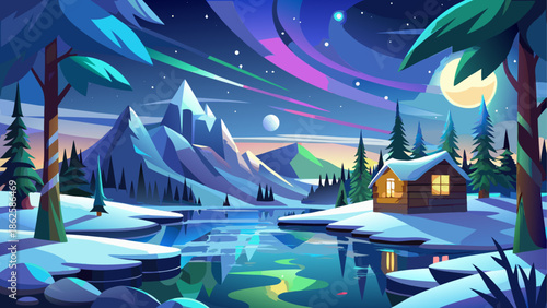 Cabin under the aurora borealis at night