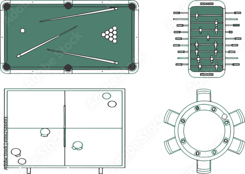 Detailed overhead view of recreational game tables, with the iconic green felt and balls. Capturing the essence of leisure and enjoyment.