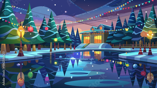 Winter scene with house and decorated trees