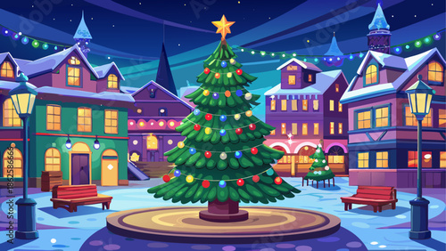 Christmas tree in a snowy town at night