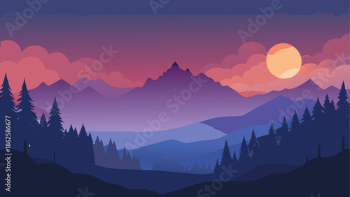 Enchanting Mountain Vista at Sunset: A captivating sunset paints the sky with vibrant hues as it casts its glow over a majestic mountain landscape, creating a sense of tranquility and awe. 