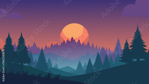Painted Sunset: A minimalist illustration captures the essence of a tranquil sunset scene, showcasing silhouetted trees against a gradient sky, symbolizing the peaceful embrace of twilight.