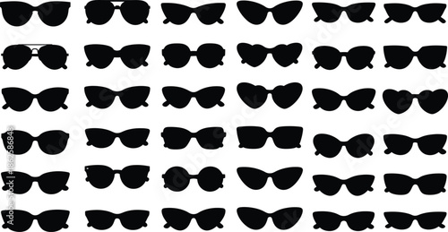 A collection of various sunglass styles in black silhouette pattern