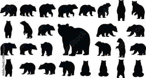 Collection of diverse black bear silhouettes in various dynamic poses