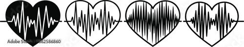 Vector Heartbeat Pulse Line Set, Cardiac Health EKG ECG Icons, Heart Shape Medical Symbols Illustration