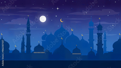 Serene Mosque Silhouette at Night with Reflection