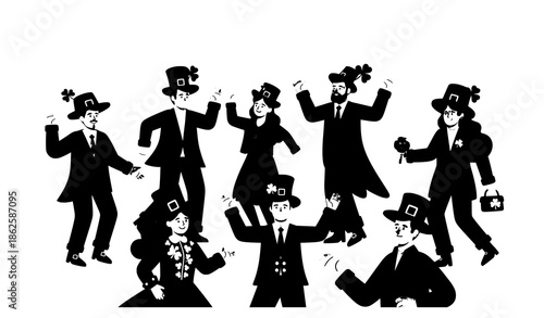 St Patrick’s Day celebration people vector illustration with green outfits and shamrocks