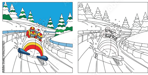 Bobsleigh team winter sport vector illustration with coloring book page outline featuring four athletes racing down a snowy track for children education and fun activity