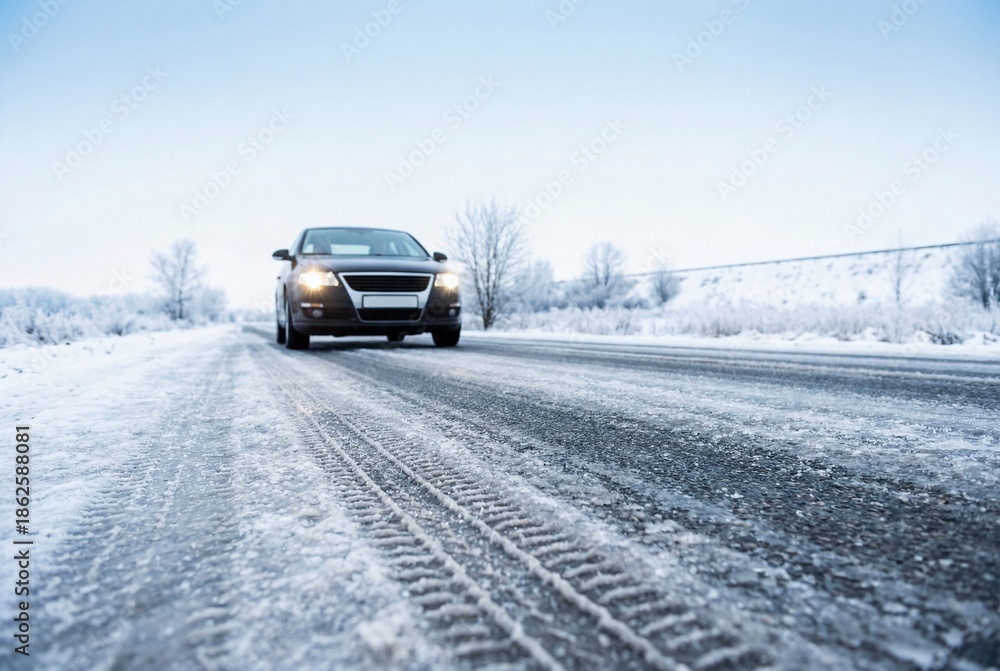 Fototapeta premium Dark car driving on icy road with deep tire tracks in foreground during cold winter day