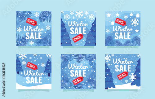 Collection of winter sale promotional cards featuring snowflakes pine trees and discount labels for invitation, banner, flyer, advertising