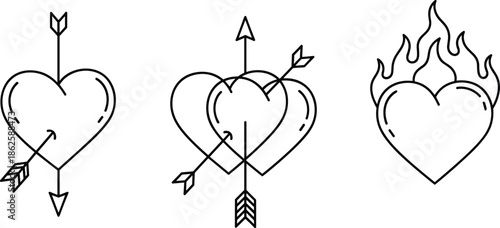 Romantic couple silhouettes kissing and hugging with pink winged hearts, layered red heart icons, and black line art heart tattoo set,