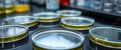 Close-up view of sterile petri dishes on a lab table,   agar,  research