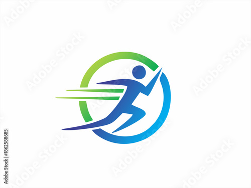 Gradient blue-green runner in circular frame with motion lines, representing energy, athleticism, and health-focused branding.