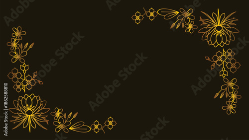 Golden lotus border. Luxury floral frame. Elegant line art. Wedding invitation. Botanical ornament. Royal gold vector. Dark aesthetic art. Blossom corner trim. Premium gold decor. Floral outline set.
