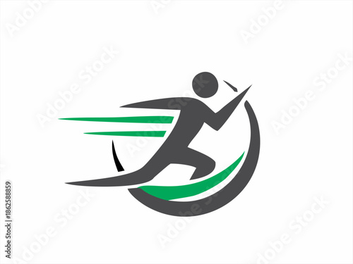Running man logo design, dynamic sprinter icon for sports and fitness brand.