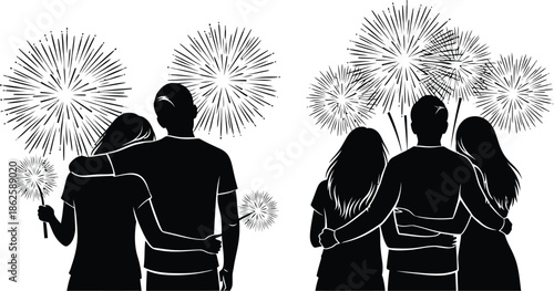 Romantic couple silhouettes watching fireworks celebration at night