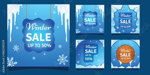 Four winter sale promotional posters with icicles snowflakes and discount offers displayed for invitation, banner, flyer, advertising