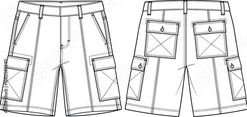 Cargo shorts front and back view technical fashion illustration with utility pockets black outline vector garment design template