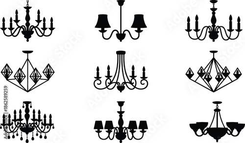 Chandelier silhouettes collection with modern and classic ceiling light designs black vector illustration isolated interior lighting decor set