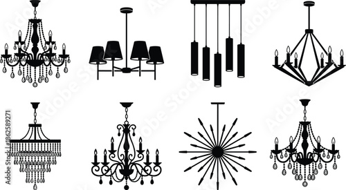 Chandelier and ceiling light silhouettes collection with modern classic lighting fixtures black vector illustration isolated home decor set